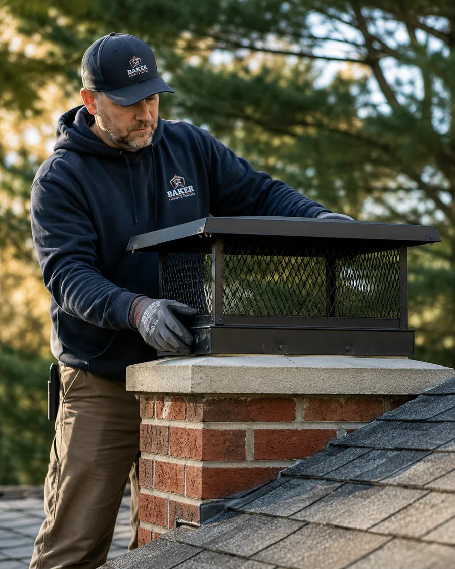 Baker technician installing a black steel chimney cap on a masonry chimney
