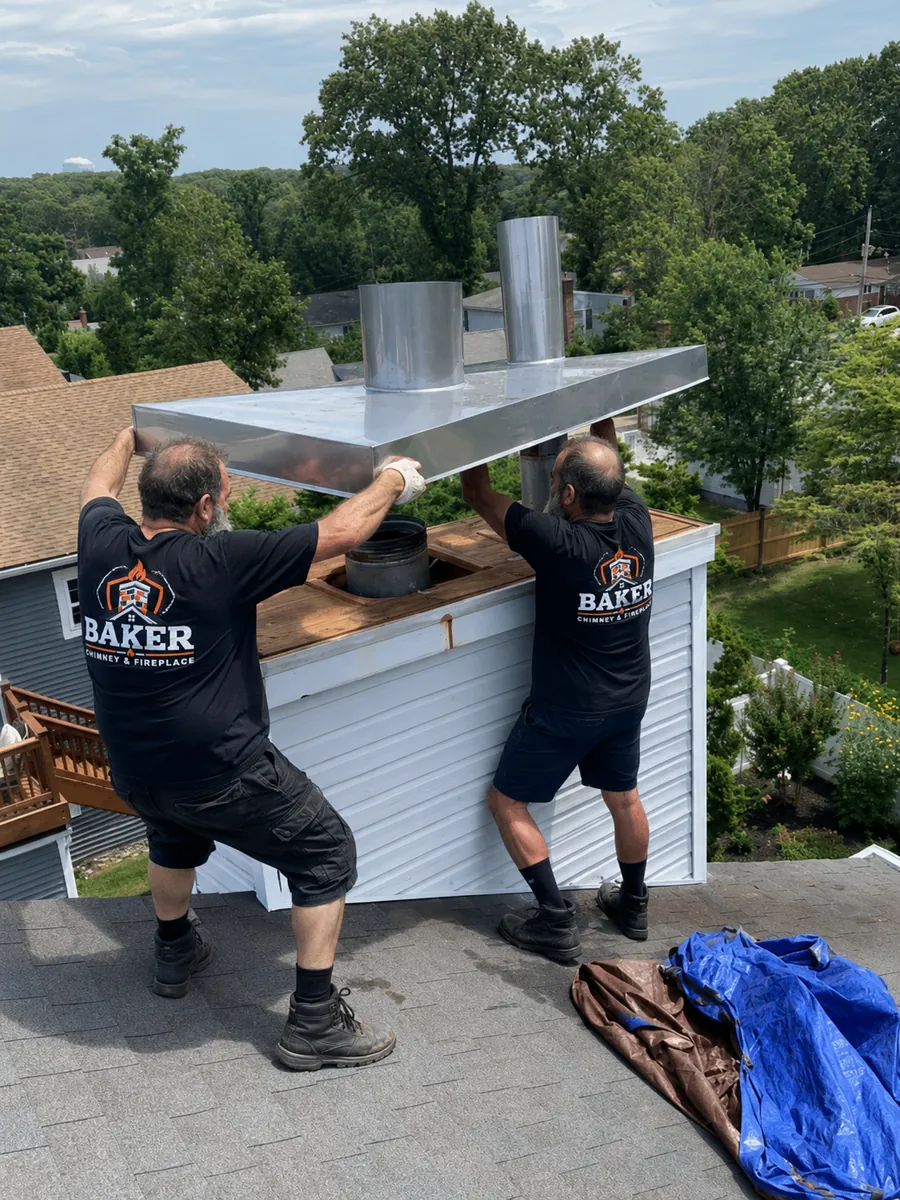 Technicians fitting a new metal chase cover to stop chimney leaks