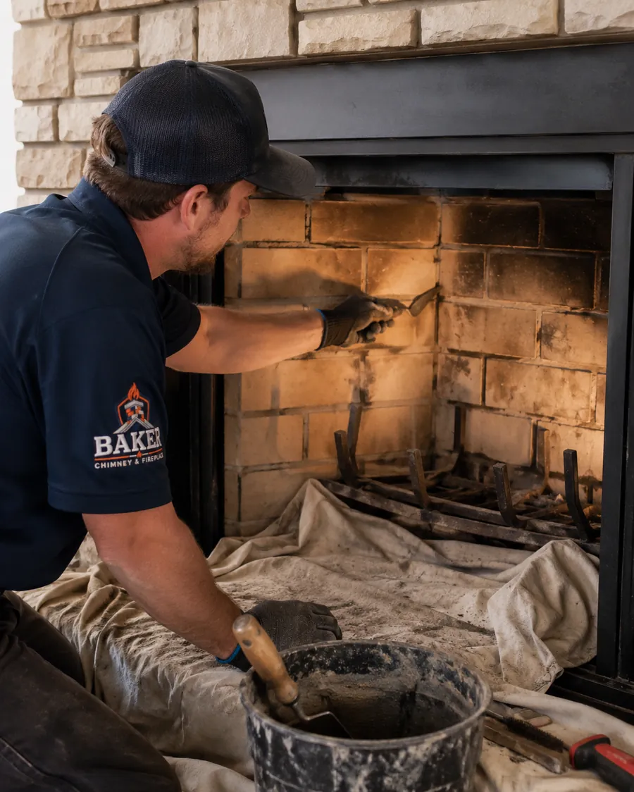 Baker technician repairing the interior of a wood-burning firebox
