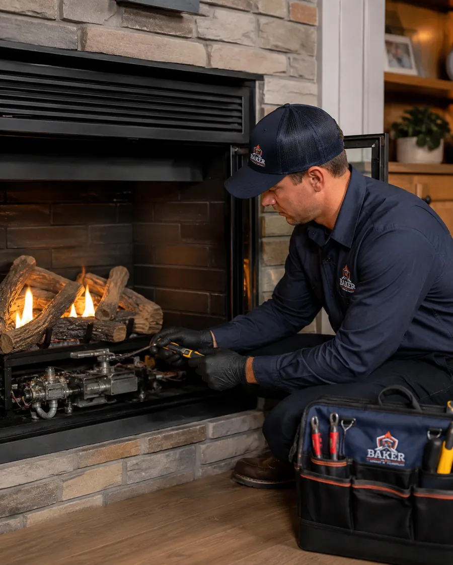 Baker technician servicing the burner assembly of a gas fireplace