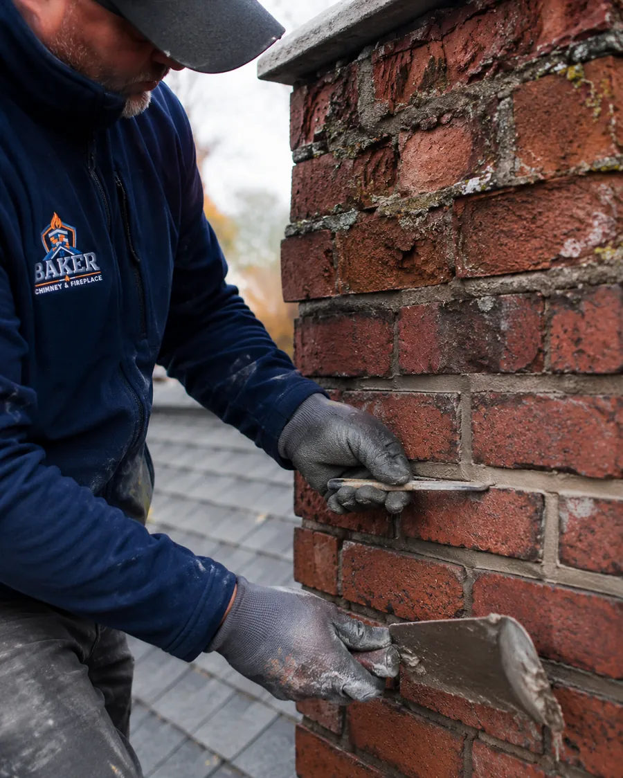 Mason repointing mortar joints on a weathered brick chimney