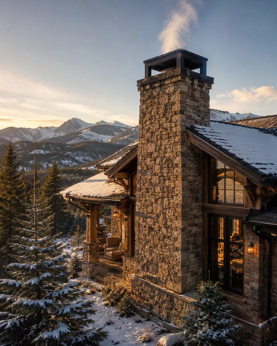 Stone chimney on a Colorado mountain home with snow on the roof