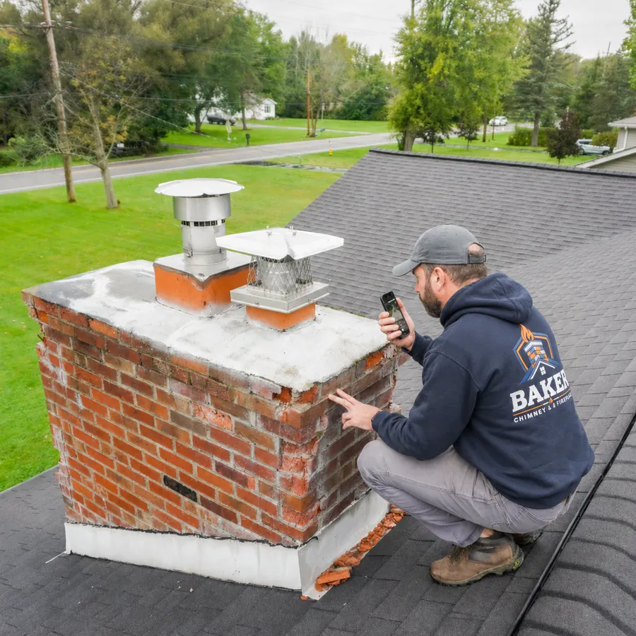 Baker technician inspecting a brick chimney on a residential roof