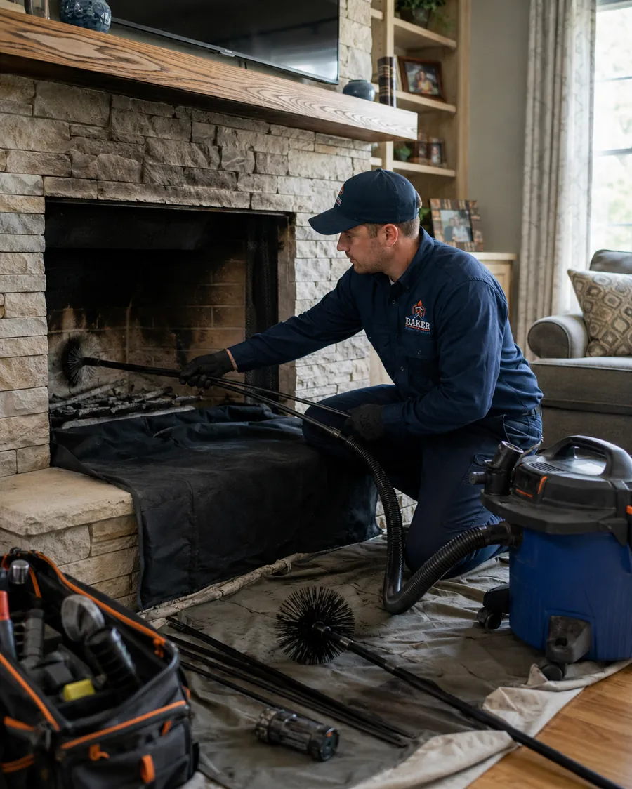 Baker technician sweeping a fireplace flue with rotary brushes and dust control